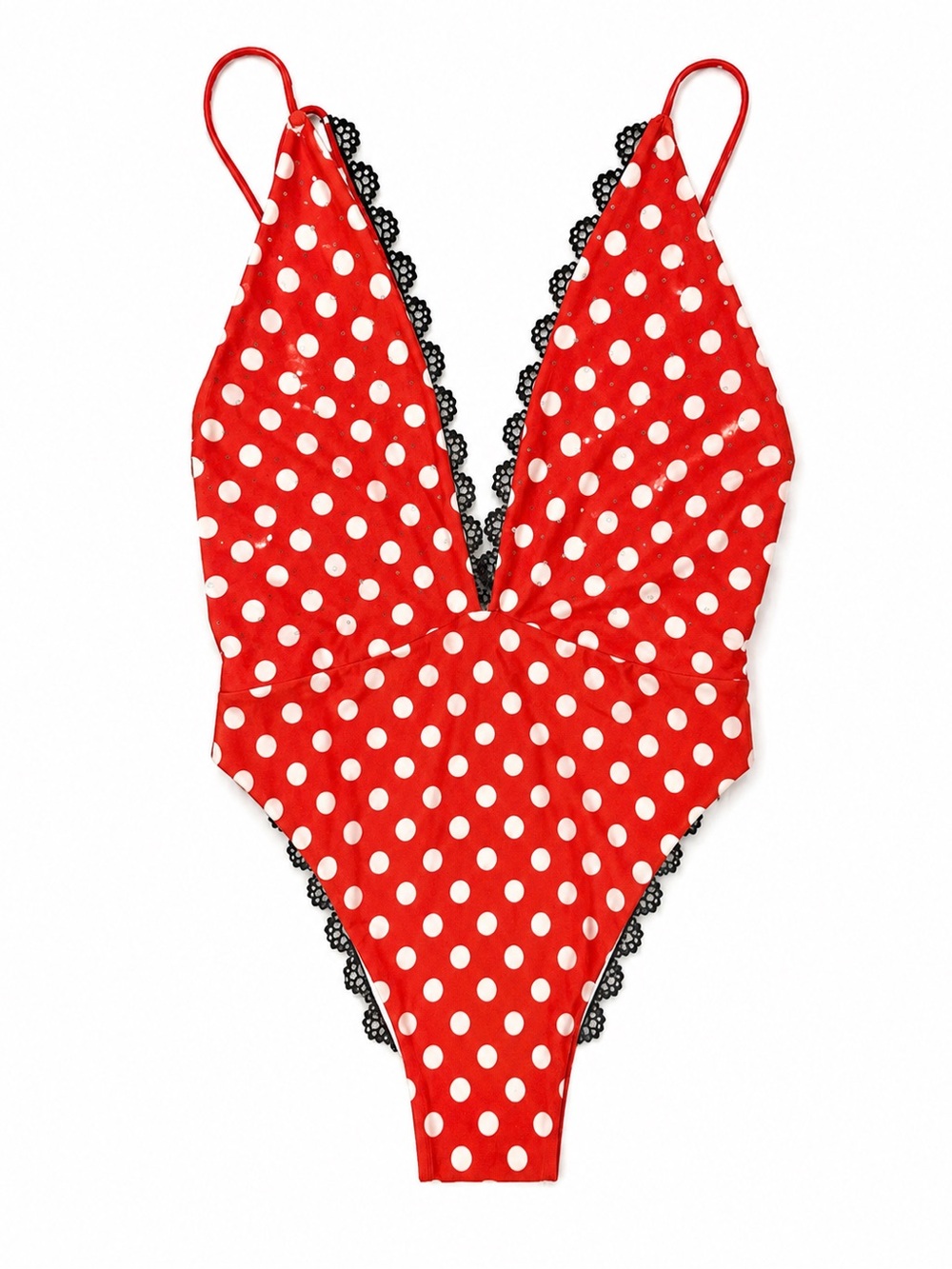 Red Polka Dot One-Piece Swimsuit with Black Lace Trim